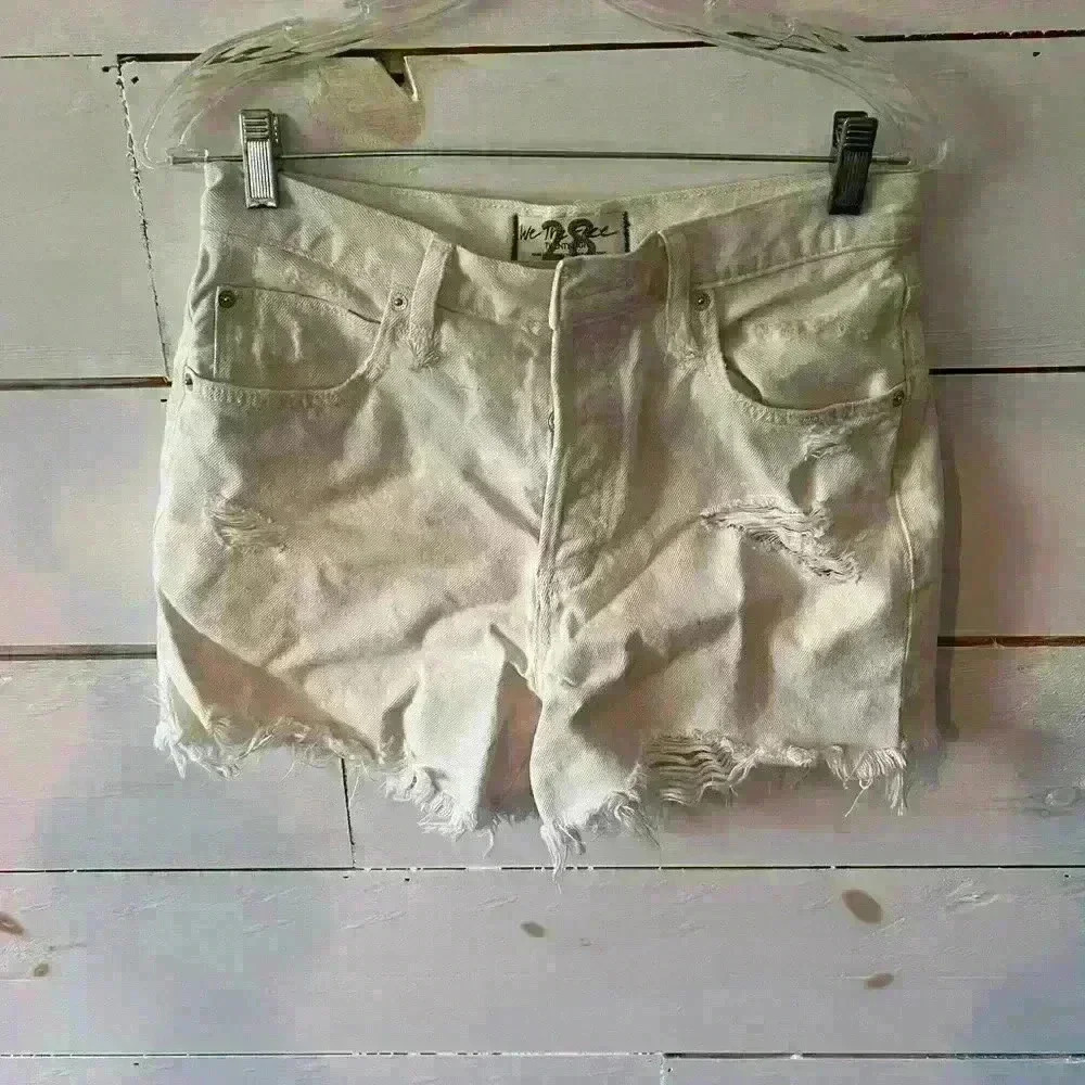 We the Free 5-button fly cutoff denim shorts, sz 28, cream, EUC, distressed